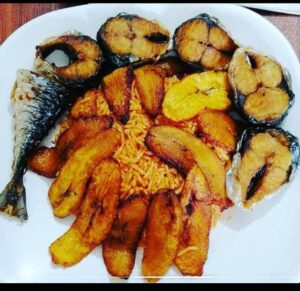 Jollof Rice, Fisha and Plantain
