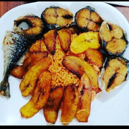 Jollof Rice, Fisha and Plantain
